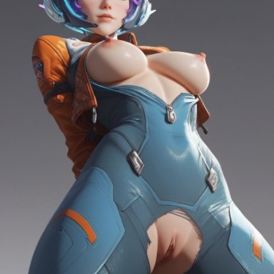 overwatch, overwatch 2, juno (overwatch), duchess eugene, areola, areolae, arms behind back, bare arms, bodysuit, embarrassed, embarrassed nude female, helmet, jacket, jacket open, nipple bulge