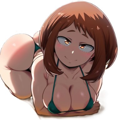 my hero academia, ochako uraraka, 1girls, ass, big ass, big breasts, big butt, bikini, blush, female, female only, looking at viewer, smile, smiling, smiling at viewer