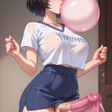 fortnite, evie (fortnite), 1futa, anus, beach, beach towel, black hair, blowing bubblegum, bubble blowing, bubble gum, bubblegum, chewing gum, choker, collar, condom