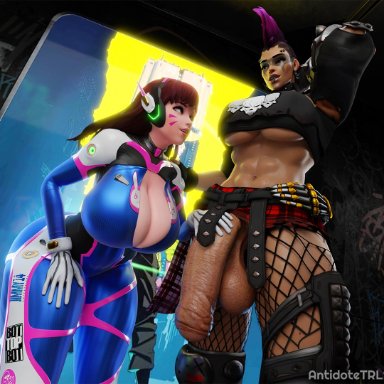 overwatch, d.va, junker queen, antidotetrl, 1futa, 1girl1futa, 1girls, futa on female, futanari, huge breasts, huge cock, muscles, penis out, size difference, underboob