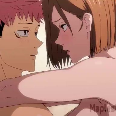 jujutsu kaisen, itadori yuuji, kugisaki nobara, maplestar, 1boy1girl, bouncing breasts, brown eyes, cowboy shot, doggy style, friends, groping breasts, kissing, light skin, light-skinned female, light-skinned male