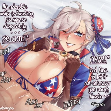 fate (series), fate/grand order, fujimaru ritsuka (male), miyamoto musashi (fate), isabongos, 1boy, 1girls, american flag bikini, bikini, bikini top, blue eyes, breasts, consensual paizuri, consenting female, cum encouragement