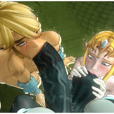 the legend of zelda, imp midna, link, midna, princess zelda, zelda (hyrule warriors), highv0ltage, 1boy, 1futa, 1girls, ball suck, bisexual, blonde hair, blowjob, blowjob face