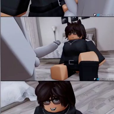 roblox, roblox avatar, robloxian, rusmynth, blowjob, blowjob face, female focus, looking at viewer, penis, shy, straight, thick legs, thick thighs, thighs, 3d