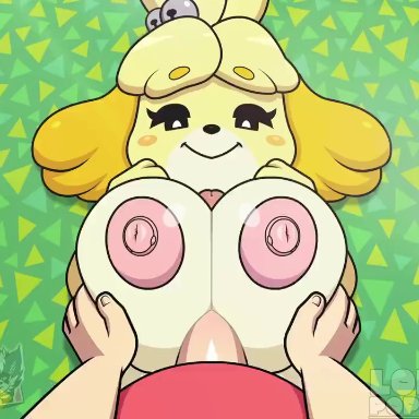 animal crossing, nintendo, isabelle (animal crossing), lollipopcon, anthro, areola, big breasts, black nose, blush, bodily fluids, breast play, breasts, canid, canine, canis