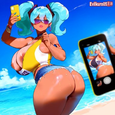 vocaloid, brazilian miku, hatsune miku, evilkuro05, massive breasts, smartphone, thick hips, video call, wide hips, ai generated