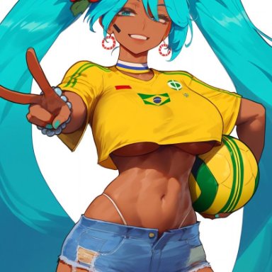 vocaloid, brazilian miku, hatsune miku, erotic nansensu, 1girls, aqua eyes, aqua hair, ass, bead bracelet, big ass, big breasts, big thighs, brazilian flag, breasts, butt