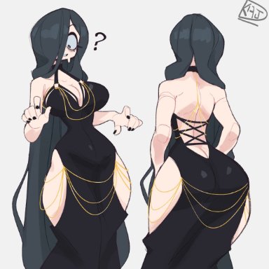 yamamura sadako, dkajart, dkajda, ass, black fingernails, black hair, breasts, butt crack, choker, cleavage, dress, exposed thighs, eyelashes, hips, long hair