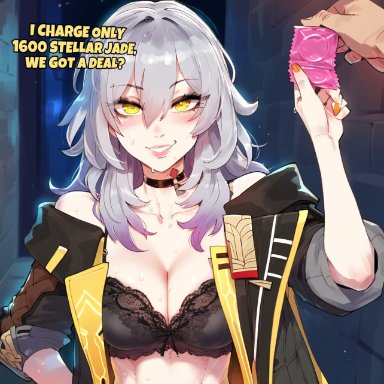 honkai (series), honkai: star rail, hoyoverse, mihoyo, stelle (honkai: star rail), yelua, 1girls, alley, alleyway, choker, cleavage, clothing, condom, condom wrapper, female