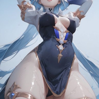 genshin impact, furina (genshin impact), unforgiving, armpits, belly, belly button, breasts, covered nipples, dress, heterochromia, hips, short hair, taut clothes, wet, wet body