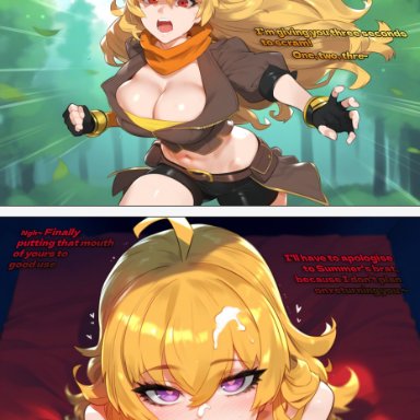 rwby, raven branwen, yang xiao long, 1futa, 1girls, big breasts, blowjob, blush, cleavage, cum, cum in mouth, cum on hair, fellatio, forest, forest background