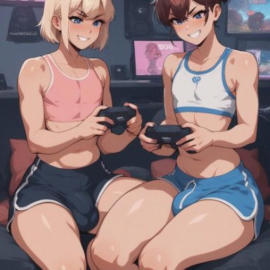 runthat 222, blonde hair, blue eyes, blush, booty shorts, bros, brown hair, bulge, collarbone, controller, couch, covered nipples, cropped tank top, duo, femboy