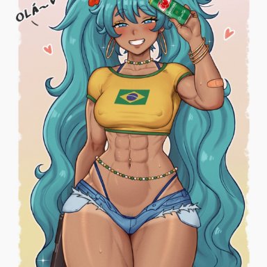 vocaloid, brazilian miku, hatsune miku, cheekie0, 1girls, abs, blue eyes, blue hair, brazilian, brazilian flag, dark skin, dark-skinned female, exposed midriff, flower in hair, gun