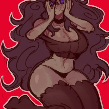 pokemon, hex maniac, widisu, @ @, 1girls, black legwear, black nails, black panties, purple eyes, purple hair, purple hairband, red background, sweat, wholesome, no sex