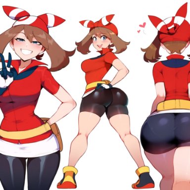 pokemon, may (pokemon), anemoi, 1girls, ass, ass focus, bike shorts, blush, female, female only, looking back, tight clothing, ai generated, tagme