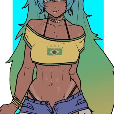 vocaloid, brazilian miku, hatsune miku, stopu, 1girls, ass, big ass, big breasts, big thighs, blush, bracelets, brazilian tan, breasts, crop top, cyan eyes