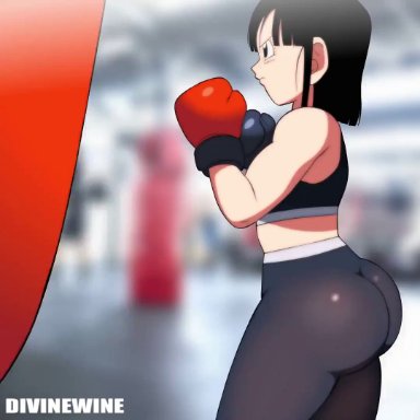 dragon ball, dragon ball gt, pan (dragon ball), divine wine, vampiranhya (artist), aged up, big ass, black eyes, black hair, boxing, boxing gloves, focused, gym shorts, jiggling ass, jiggling butt