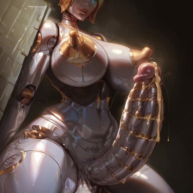 league of legends, orianna, cummandre, android, balls, breasts, dickgirl, futanari, glowing eyes, gold (metal), huge breasts, huge cock, metallic body, nipples, precum