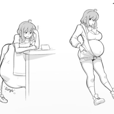 tsukiji, 1girls, ambiguous prey, apron, belly, big breasts, boba tea, clothing, digestion, digestion noises, gurgle, huge belly, leaning on table, object between breasts, oral vore