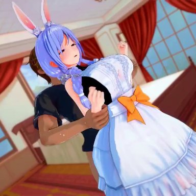 hololive, hololive fantasy, hololive japan, pekomama, fuyumi3fuyu, 1boy, 1girls, apron, arm grab, bouncing breasts, breasts, clothed sex, dark-skinned male, female, from behind