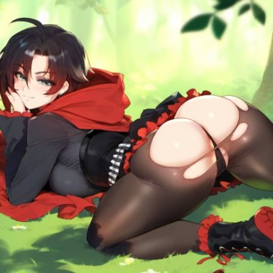 rwby, ruby rose, 1girls, big ass, big breasts, bubble butt, cloak, curvaceous teen, dumptruck ass, fat ass, fat ass teen, female, female focus, female only, forest