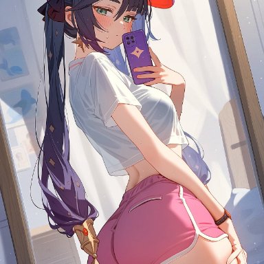 genshin impact, mona (genshin impact), sidillusts, 1girls, ass, black hair, blush, booty shorts, breasts, dolphin shorts, female, green eyes, hat, large ass, light skin