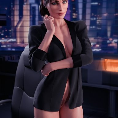 mass effect, commander shepard, femshep, blankpins, athletic, athletic female, big breasts, bottomless, city background, cleavage, female only, fit female, human, jacket, light skin