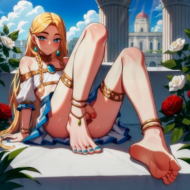 original, neuai, 1boy, anklet, blonde hair, blue eyes, bracelet, bracelets, braid, braided hair, choker, earrings, exposing penis, feet, femboy