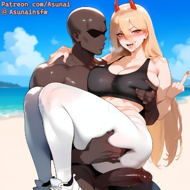 chainsaw man, power (chainsaw man), asunai, thiccwithaq (ai style), 1boy, beach, black sports bra, blonde hair, blush, carrying, curvy, dark-skinned male, female, footwear, groping