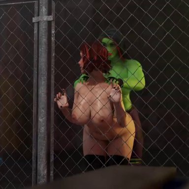 black widow (marvel), jennifer walters, natasha romanoff, she-hulk, ambiguous penetration, dominant futanari, female penetrated, fence, from behind position, futa on female, futanari, heracle3dx, leaning against wall, outdoors, red stripes