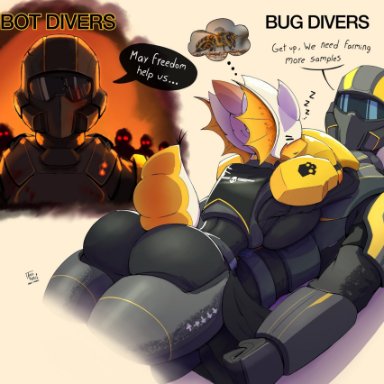 helldivers 2, helldiver (helldivers), terminid, arzyparzy, 1boy1girl, anthro, anthro female, armor, armored female, ass, big ass, big breasts, breast squish, breasts, bug