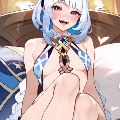 genshin impact, mualani (genshin impact), ass, bare ass, bare legs, bare shoulders, bare thighs, bed, bedroom, blue bikini, blue hair, blush, boob window, bra, collar