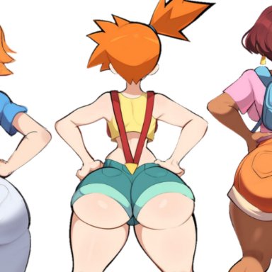 ben 10, dora the explorer, pokemon, pokemon (anime), dora marquez, gwen tennyson, kasumi (pokemon), mullon, 3girls, ass, back, back view, big ass, dark skin, dark-skinned female