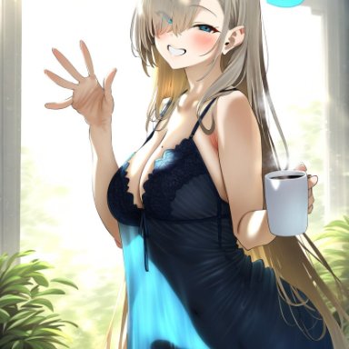 blue archive, asuna (blue archive), gerumusi, 1futa, beauty mark, blonde hair, blue eyes, cleavage, coffee mug, cowboy shot, dappled sunlight, erection under clothes, erection under clothing, eyes visible through hair, futa only