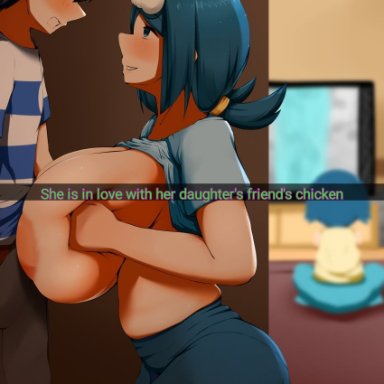 nintendo, pokemon, pokemon sm, elio (pokemon), lana's mother (pokemon), cider1289, 1boy, 1girls, age difference, alternate breast size, bad translation, big breasts, blue hair, breasts, colored skin