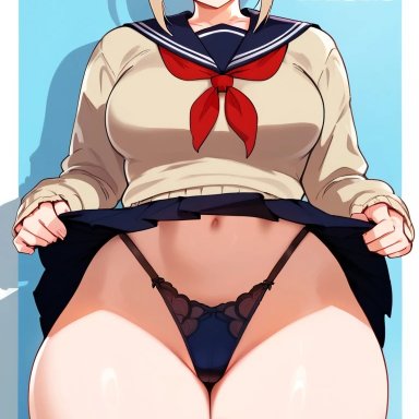 boku no hero academia, my hero academia, shounen jump, himiko toga, quillai, bare legs, big breasts, blonde hair, female, female focus, hair bun, huge breasts, huge thighs, large breasts, light skin