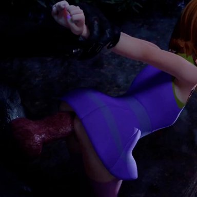 scooby-doo, daphne blake, kinkivas, 1boy, 1boy1girl, 1girl, 1girl1boy, anthro, anthro on female, big penis, bouncing ass, clothed, clothed sex, clothing, cum