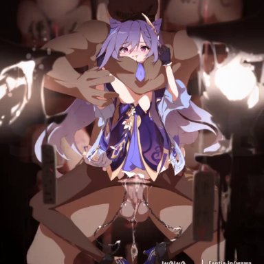 genshin impact, keqing (genshin impact), lingomogu, wawa (lingomogu), 1boy, 1girls, anal, arm around neck, breasts, chains, high heels, muscular male, nipples, pantyhose, purple hair