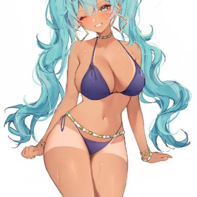 vocaloid, brazilian miku, hatsune miku, miyuchiq, 1girls, bikini, blue bikini, blue eyes, blue hair, blush, bracelet, breasts, cleavage, cyan eyes, cyan hair