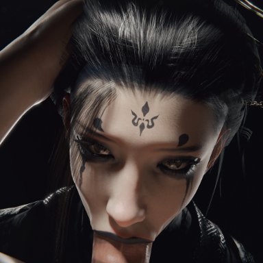 black myth: wukong, chinese mythology, 4th spider sister, gretdb, 1boy, asian, asian female, black hair, black lipstick, chinese clothes, fellatio, fellatio face, female, hand on head, lipstick mark