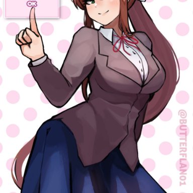 doki doki literature club, butterflan01, 1girls, big breasts, blue skirt, bow, brown hair, collared shirt, green eyes, hairbow, long hair, looking at viewer, not quite porn, ponytail, school uniform