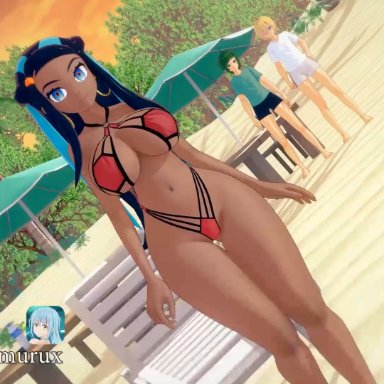 pokemon, pokemon ss, gym leader, nessa (pokemon), rimurux, 1girls, 2boys, anal, ass, balls, barefoot, beach, beach sex, big ass, big breasts