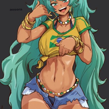 vocaloid, brazilian miku, hatsune miku, aosora, 1girls, ass, big ass, big thighs, breasts, cyan eyes, cyan hair, female, female only, huge ass, huge thighs