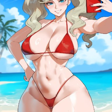 persona, persona 5, ann takamaki, creamy ai, beach, bikini, blonde hair, blue eyes, cleavage, curvy, highleg panties, holding phone, large breasts, midriff, narrow waist