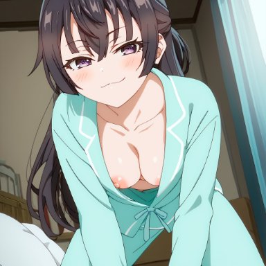 patreon, suou yuki, juanpi amvs, bare chest, bed, brown eyes, brown hair, female, long hair, medium breasts, nipples, pajamas, smiling, ai generated, patreon username