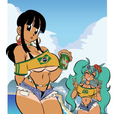 dragon ball, vocaloid, brazilian miku, chichi, hatsune miku, funsexydragonball, 2girls, big breasts, black hair, brazilian flag, busty, cutoff shorts, exposed midriff, flower in hair, hoop earrings