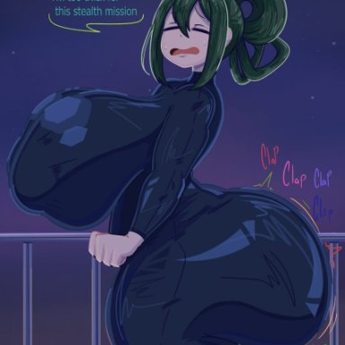 my hero academia, shounen jump, tsuyu asui, inakotho, 1girl, ass, ass clapping, ass focus, big breasts, bodysuit, bottom heavy, breasts, breasts bigger than head, bubble butt, closed eyes