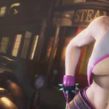 street fighter, street fighter 6, juri han, sf screenshot, 1girls, bare shoulders, bare stomach, belly button, big breasts, black hair, bob cut, crazy eyes, looking at viewer, purple hair, slim waist