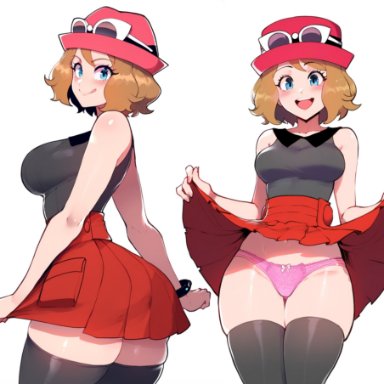 pokemon, serena (pokemon), anemoi, 1girls, ass, female, female only, panties, short hair, skirt lift, thick thighs, thighhighs, ai generated, tagme