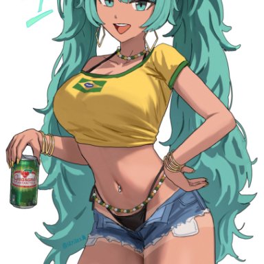 guarana antarctica, tachi-e, vocaloid, brazilian miku, hatsune miku, purple z, 1girls, alternate breast size, aqua eyes, aqua hair, bikini, bikini under shorts, black bikini, blue shorts, bracelet